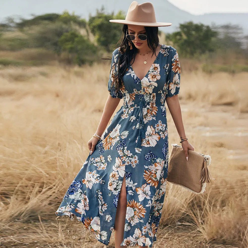 Women's floral print summer dress with V-neck and elastic waist in yellow, black or blue