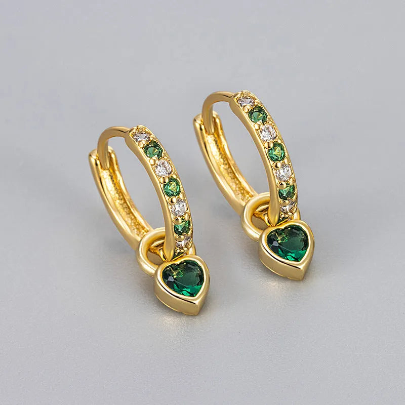 Women's heart drop earrings with coloured zircon stone in gold tone setting