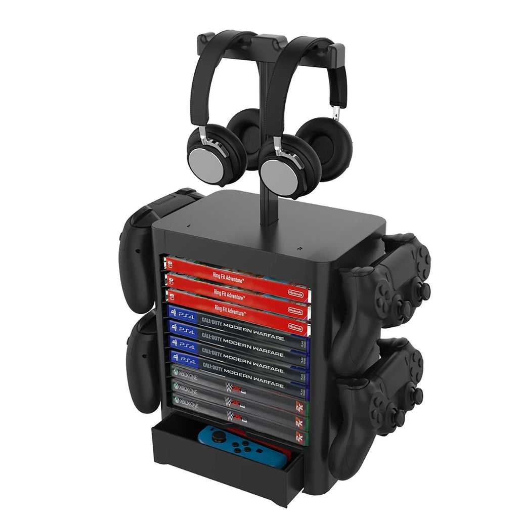 Black gaming controller storage rack with headphone platform, side hooks and bottom drawer