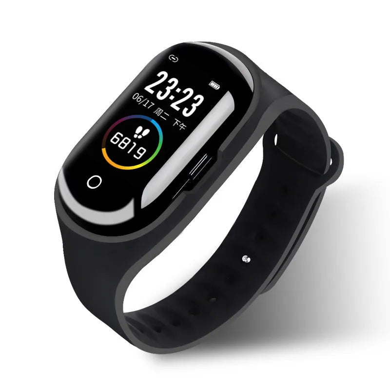 Smart bracelet earphone combination device with 1-inch screen on silicone wristband in black colour