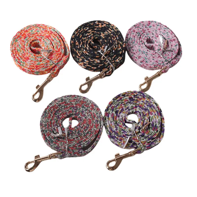 Cloth dog harness and leash set shown in an orange colour, with size options for small to medium dogs.