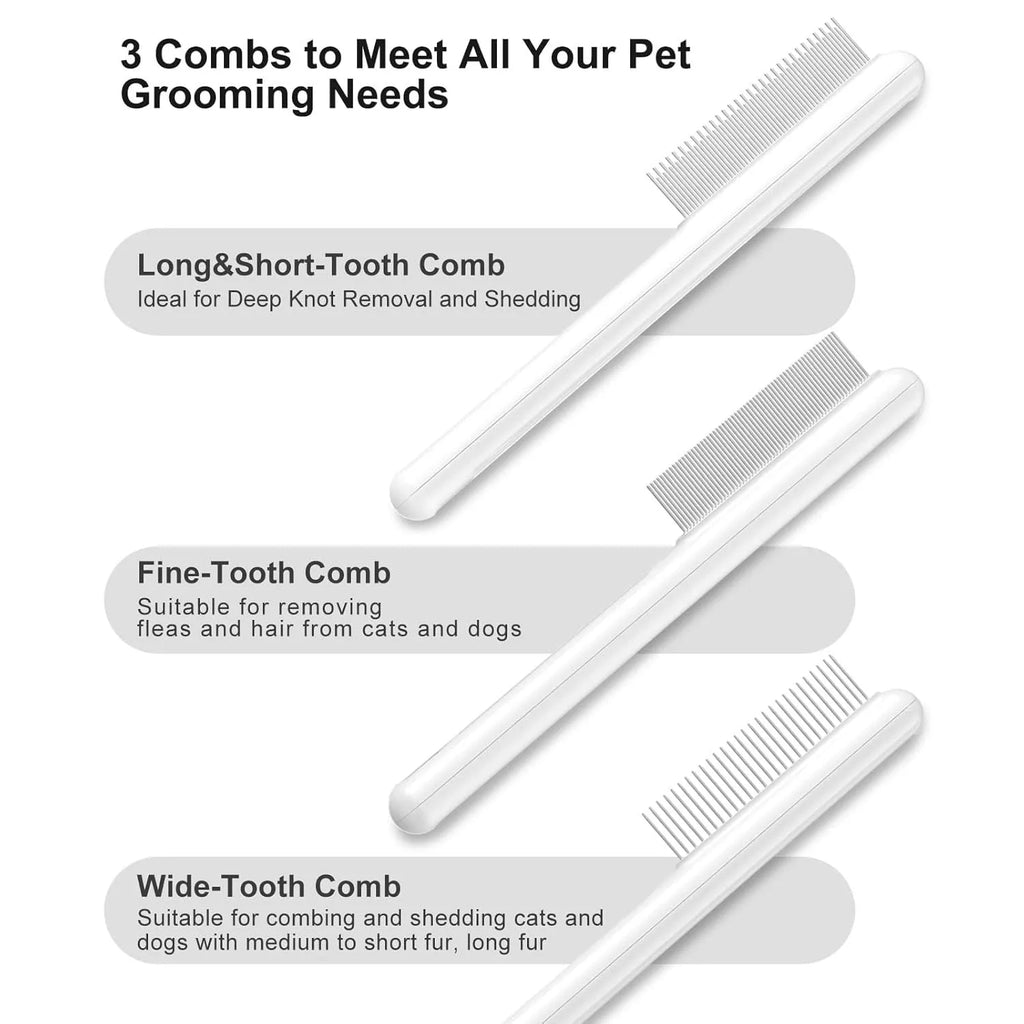 Cat comb with rounded stainless steel teeth and ergonomic handle on white background