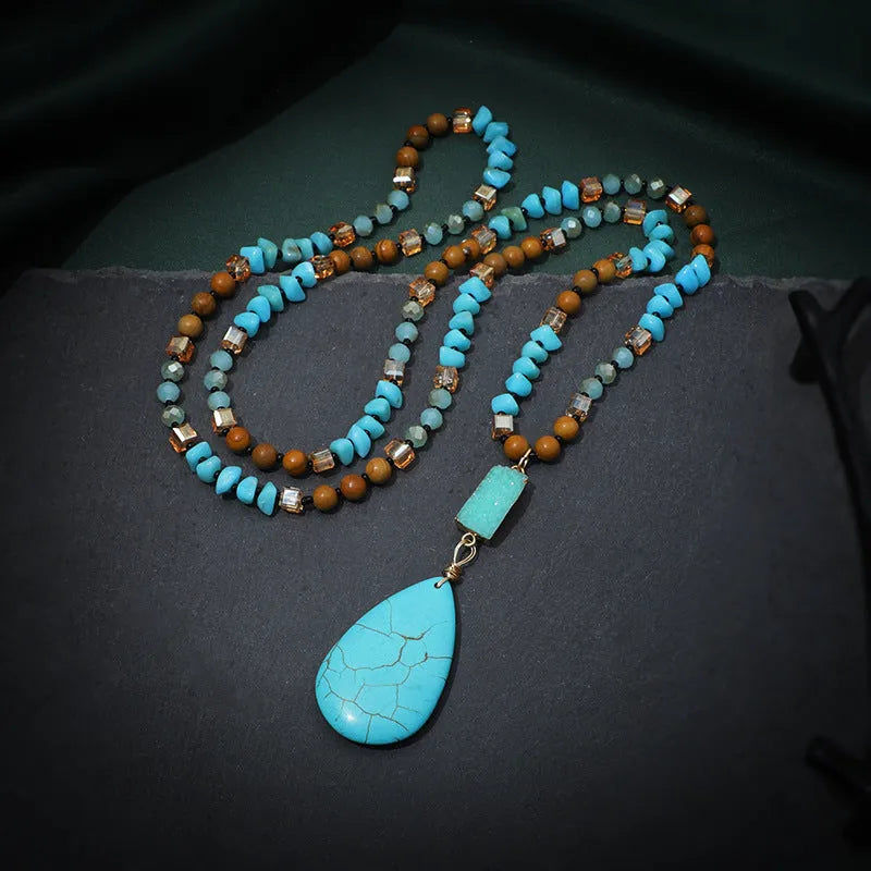 Turquoise blue big water drop pendant necklace with heart-shaped mixed gem design on ball bead chain