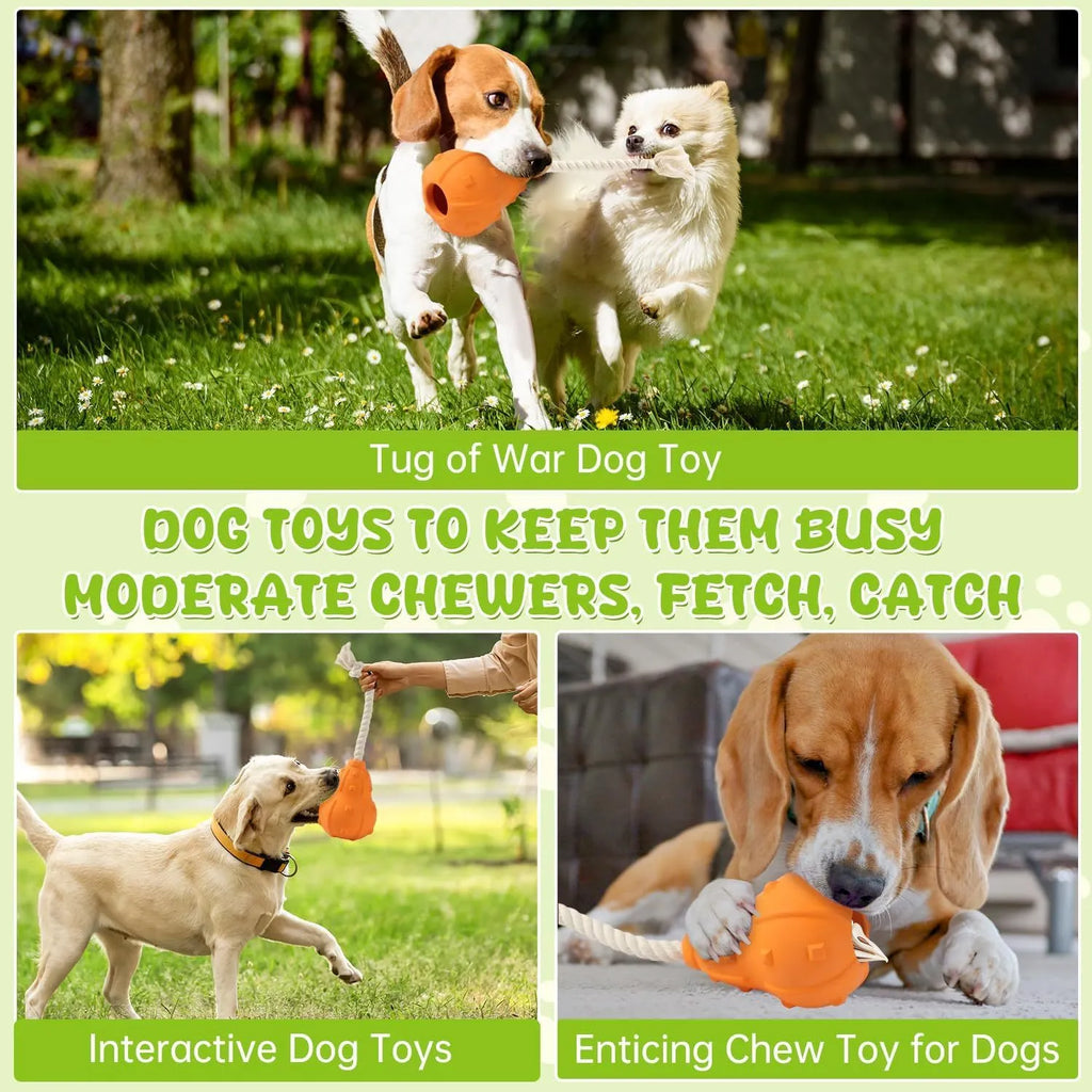 A long, brown, natural rubber stuffable dog toy for small medium breeds, shown with a treat inside.