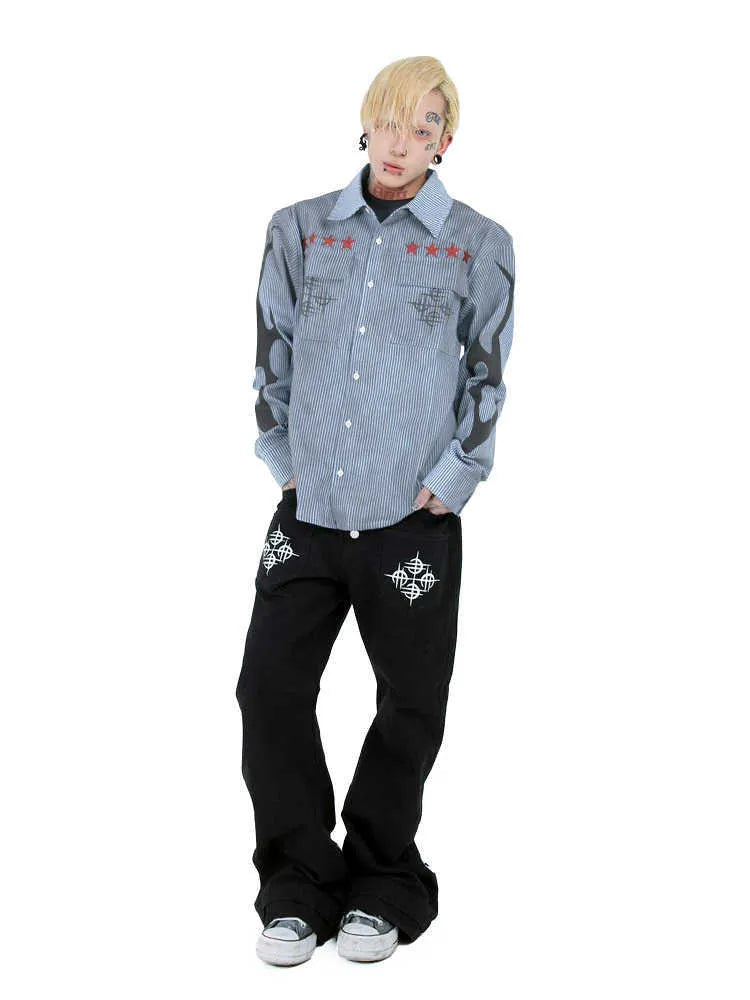 Men's washed-out blue striped casual shirt with lapel collar and long sleeves