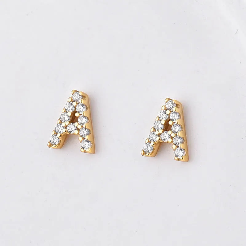 Brass gold plated English alphabet letter zircon earrings showing single letter design