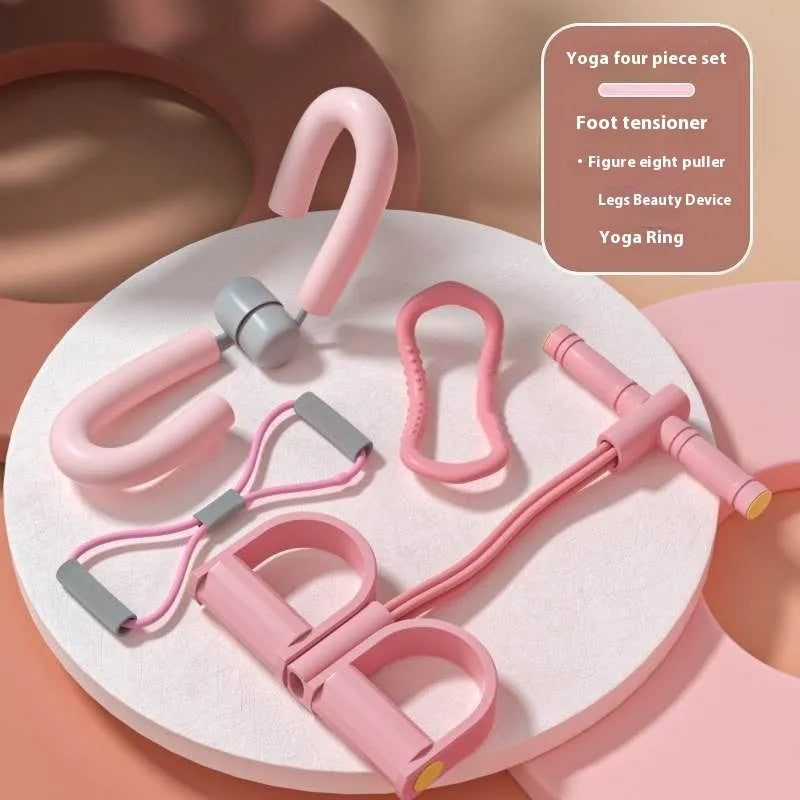 Yoga four-piece fitness set with leg stretching device, yoga ring, pedal tensioner, and figure eight tension rope
