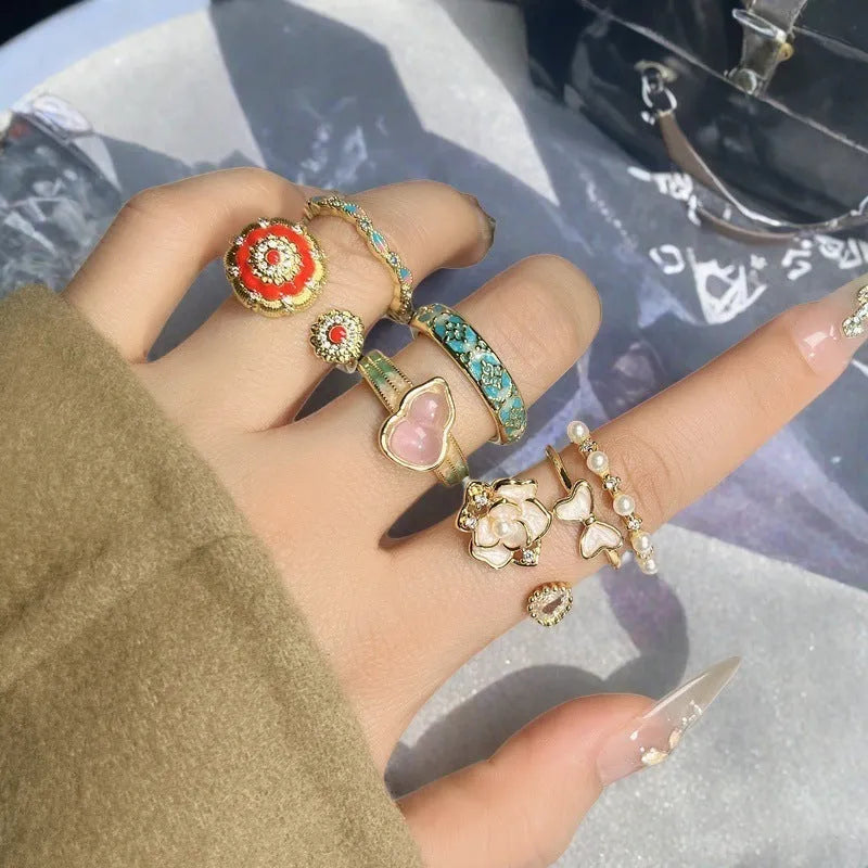 Adjustable vintage gourd ring with hand-painted oil drip finish and inlaid zircon stones