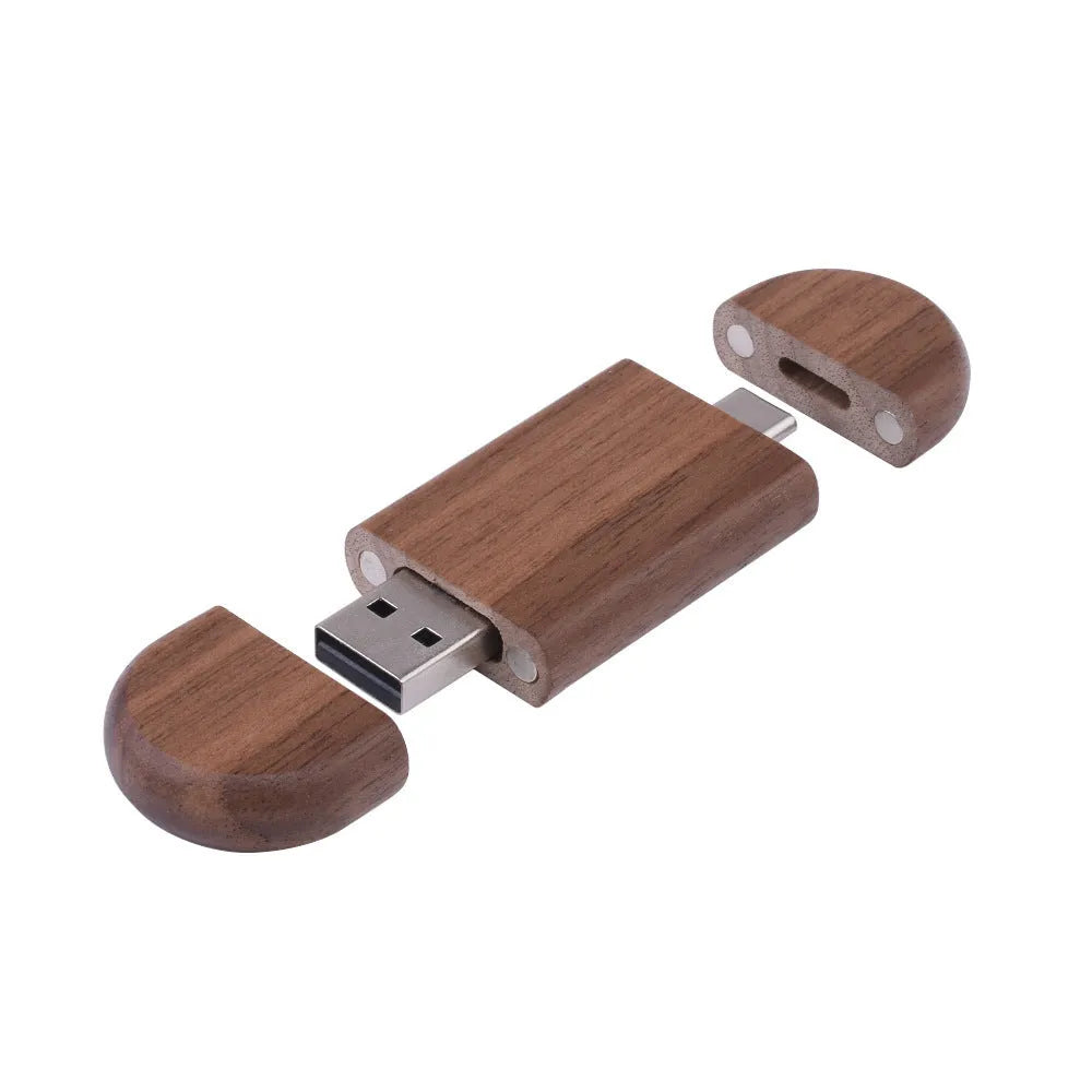 Carved wooden USB flash drive with phone ornament in various wood finishes