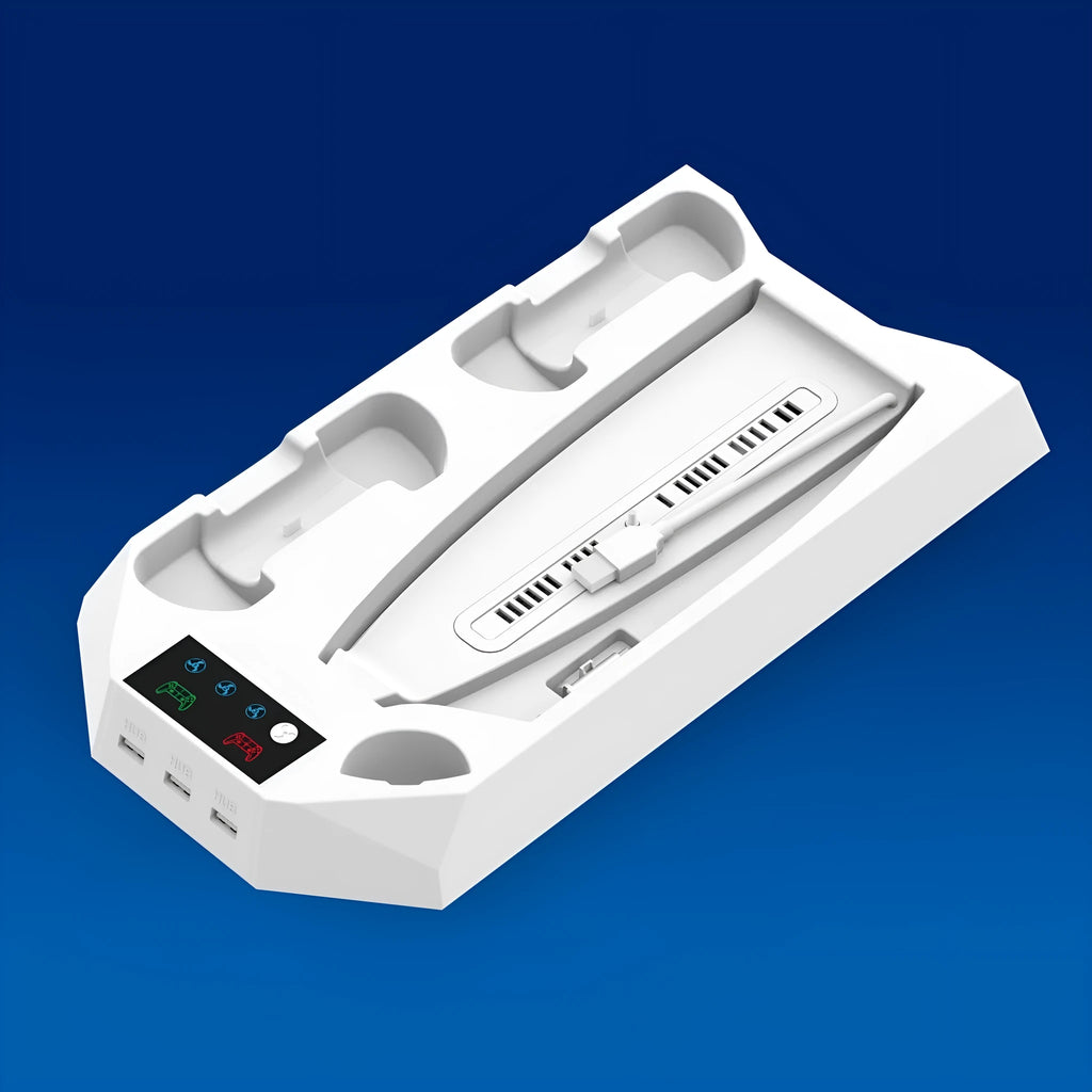 Black and white PS5 charging station with controller dock and headset hook