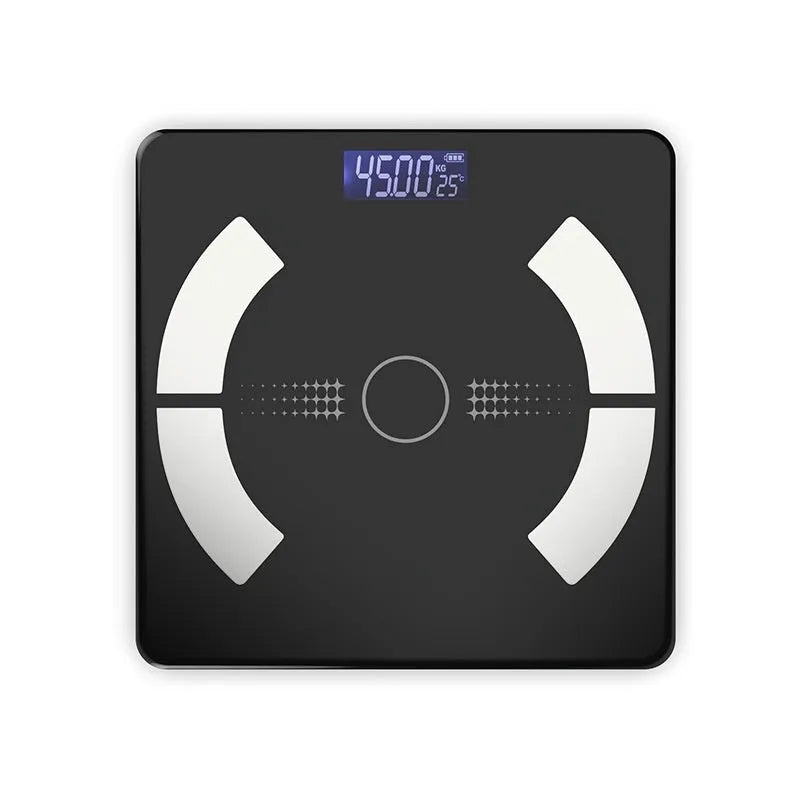 Smart Bluetooth rechargeable body fat scale in white, black, or pink colour on a bathroom floor.