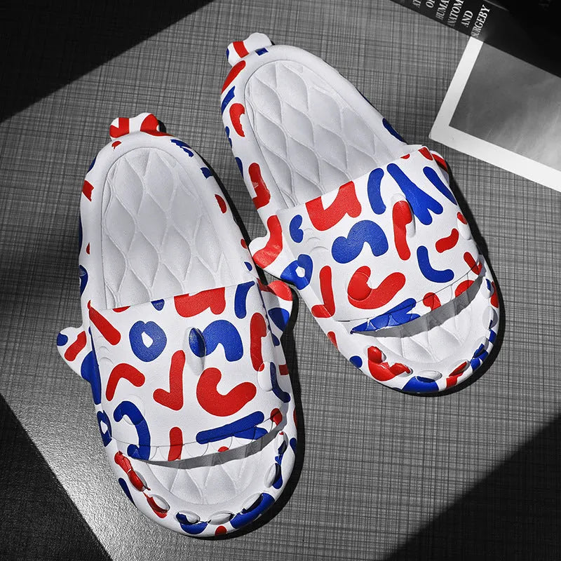 Casual beige and grey shark design EVA open-toe home slippers for men and women.