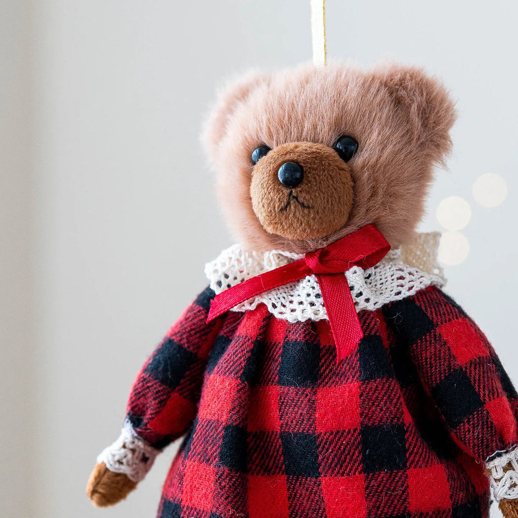 Cartoon plush bear couple in cotton plaid suits - gentleman bear and princess bear
