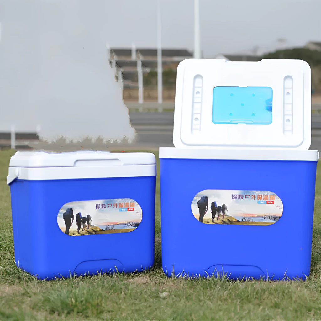Blue insulated portable cooler bag with aluminium foil lining and multiple capacity size options.