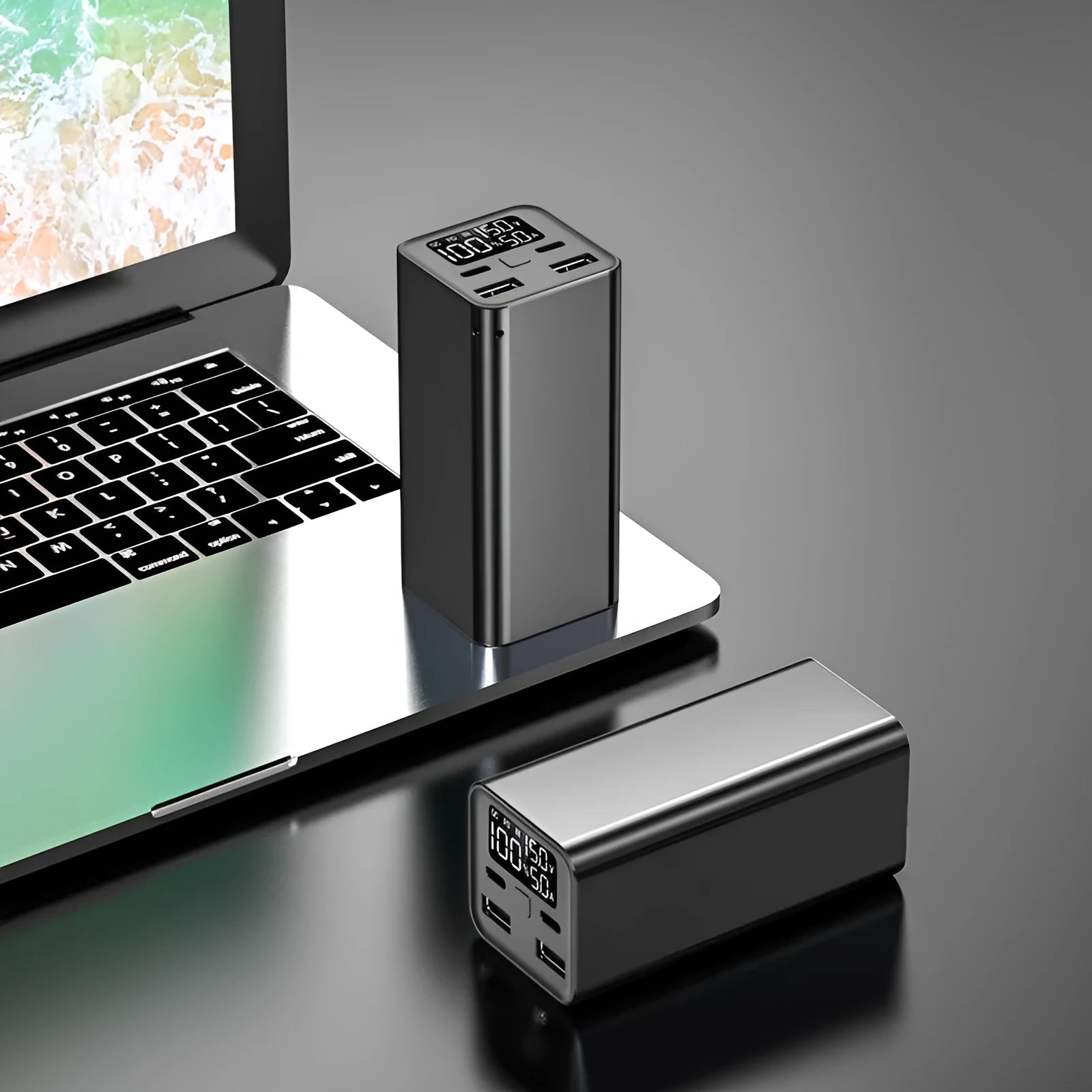 65W metal power bank with 20000mAh capacity for laptop charging, shown in black, blue, or grey.