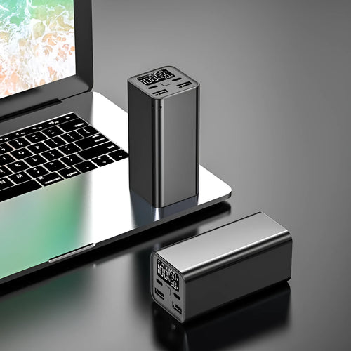 65W metal power bank with 20000mAh capacity for laptop charging, shown in black, blue, or grey.