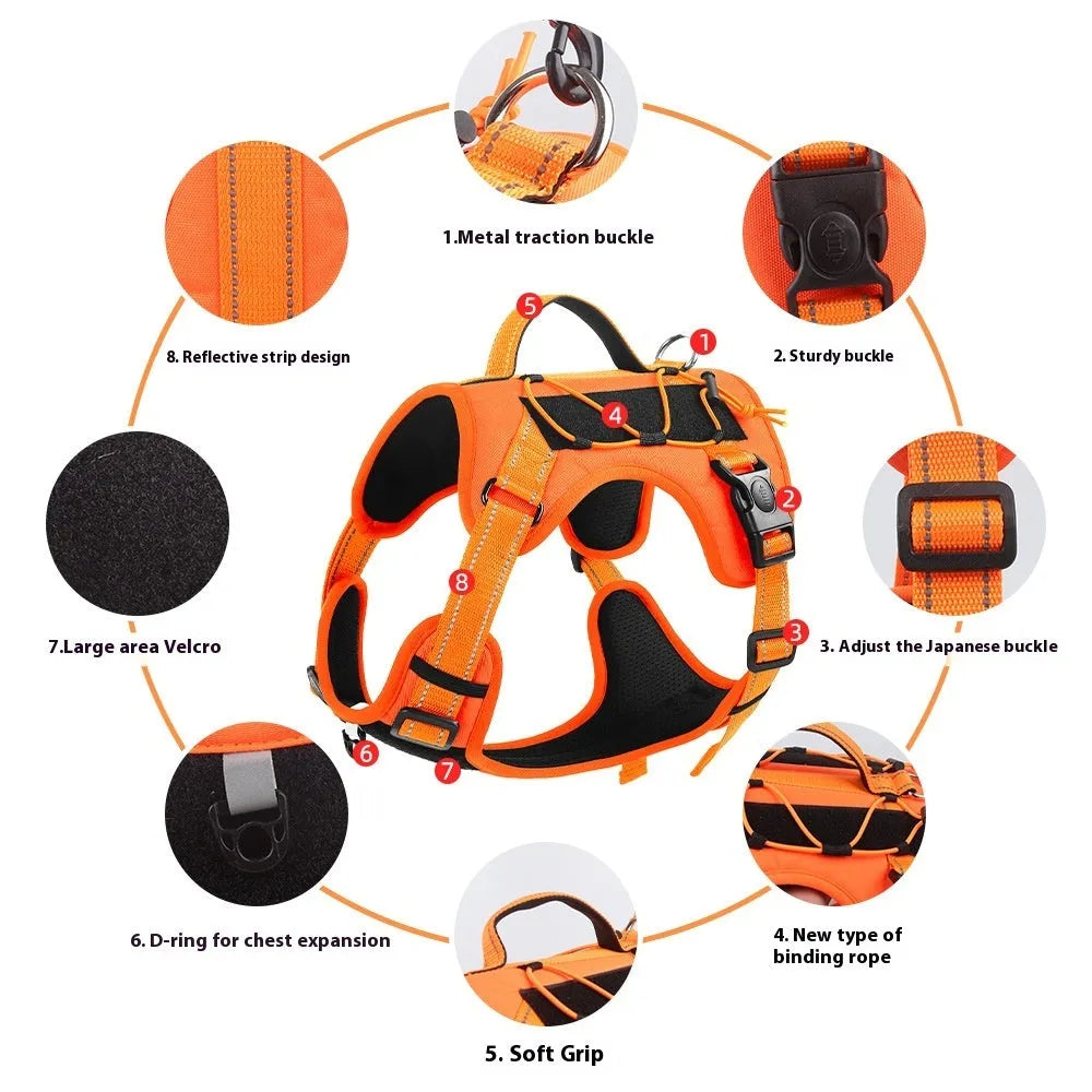 Orange reflective dog harness with black hand-holding rope shown on a dog.