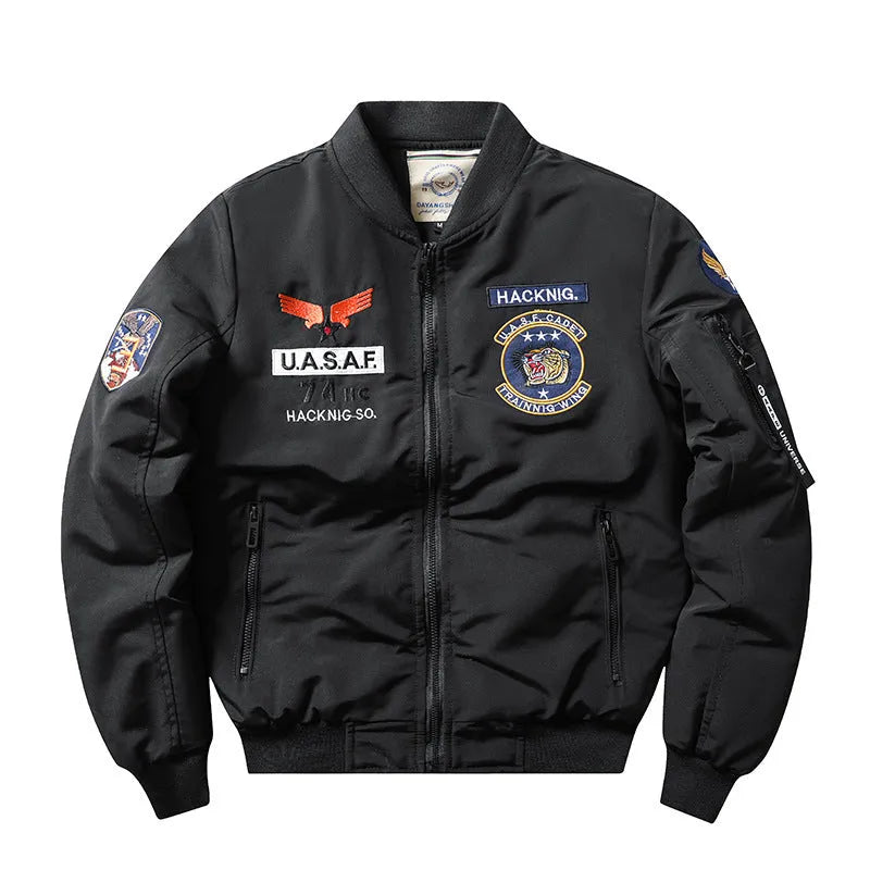 Slim-fit stand collar retro embroidery cotton-padded coat in blue colour with patch pockets