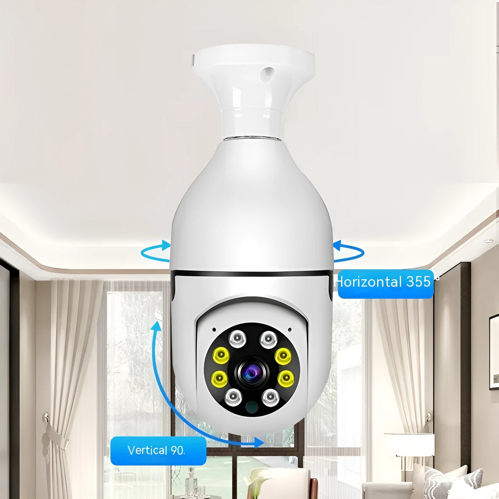 Wireless bulb security camera with 1080p HD resolution and full colour night vision measuring 5cm by 12cm