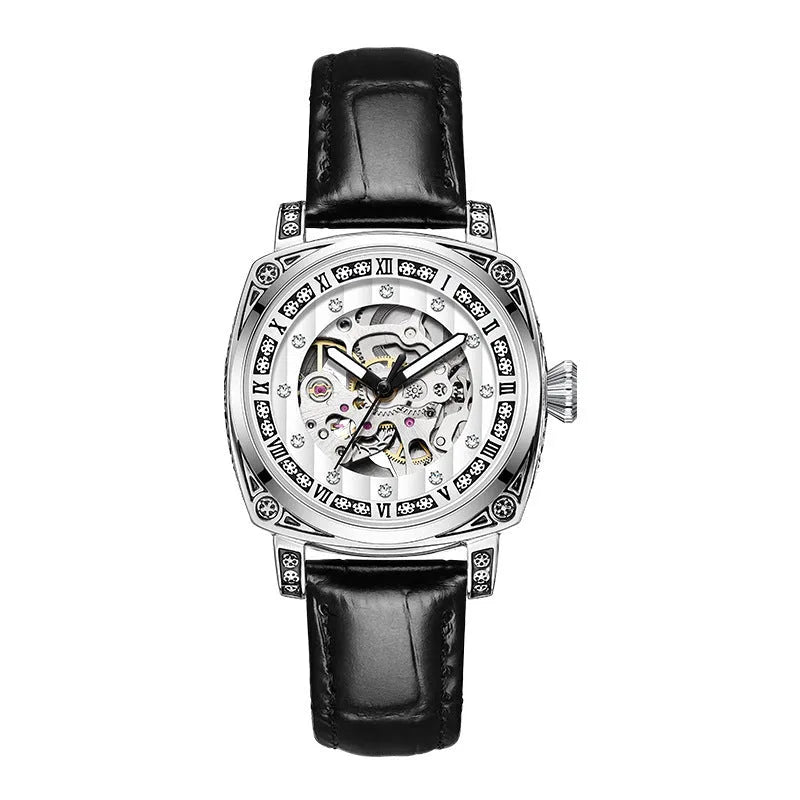 Mechanical watch with luminous hands on a leather strap, showing colour options of black, red, steel, and white dials.