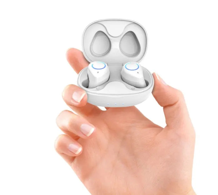M18 true wireless in-ear stereo headset in black and white colours with charging case.