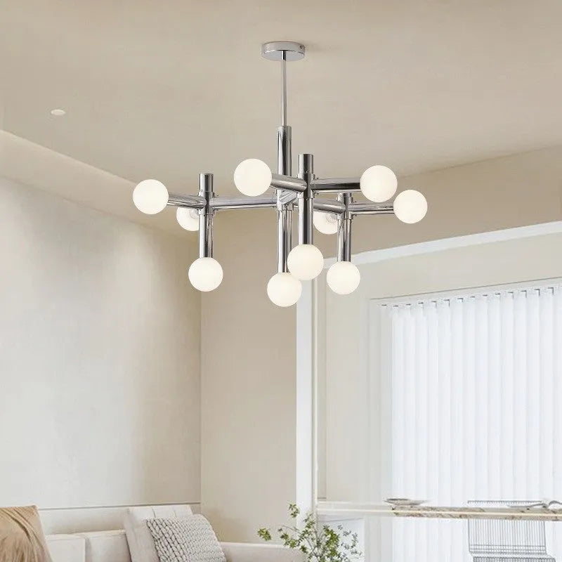 Creative bean-shaped Nordic chandelier with 10 chrome-plated heads, wrought iron and glass construction