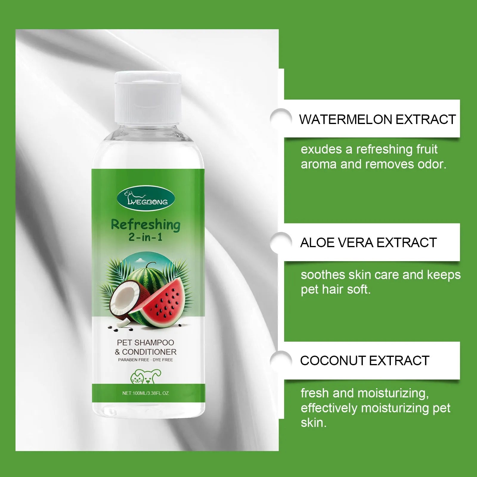 100ml pet 2-in-1 shampoo bottle with watermelon and coconut extracts for dogs and cats