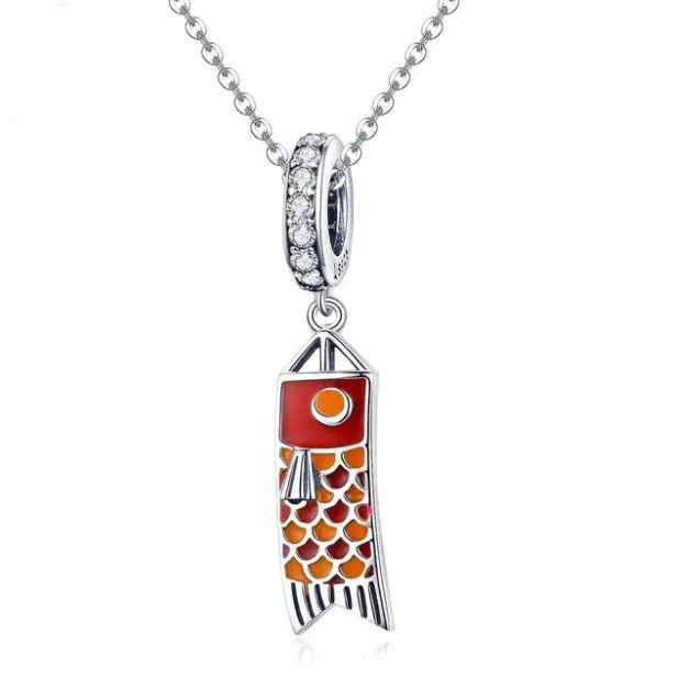 S925 sterling silver carp fish streamer pendant charm with zircon stones.