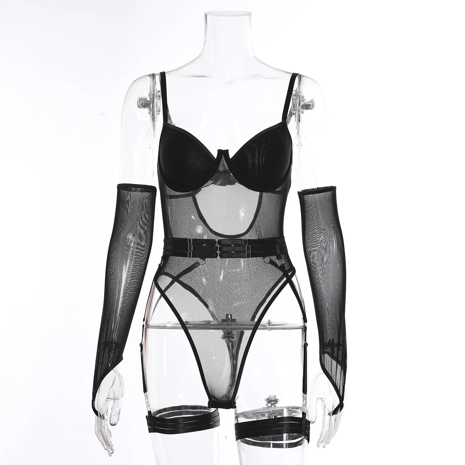 Women's transparent polyester mesh jumpsuit in red colour showing full-body coverage and see-through fabric properties