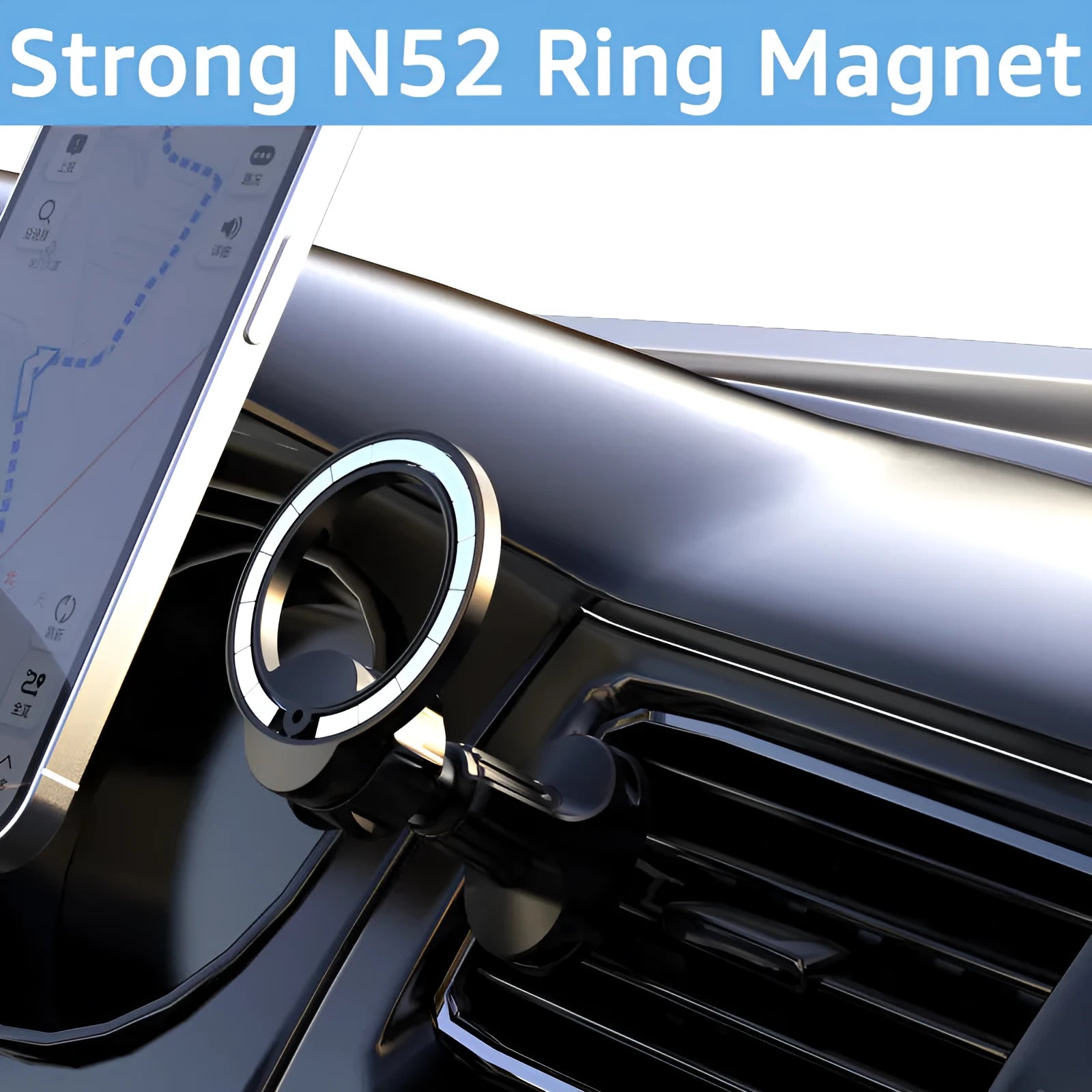 Black magnetic car air vent phone holder with O-ring design for mobile devices up to 6.8 inches
