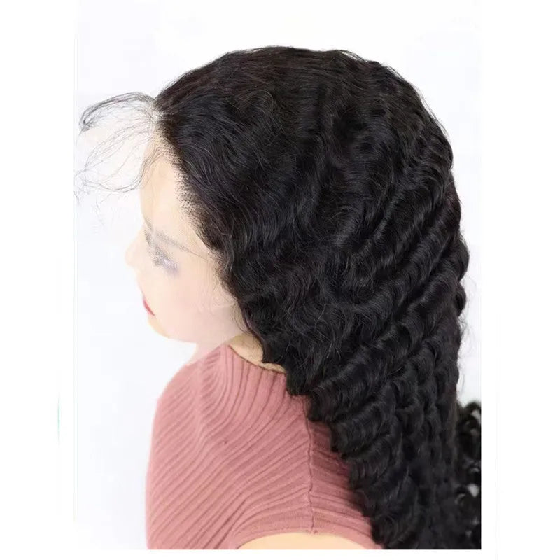 A solid colour human hair half lace wig displayed on a stand, showing its natural-looking hairline and long, straight style.