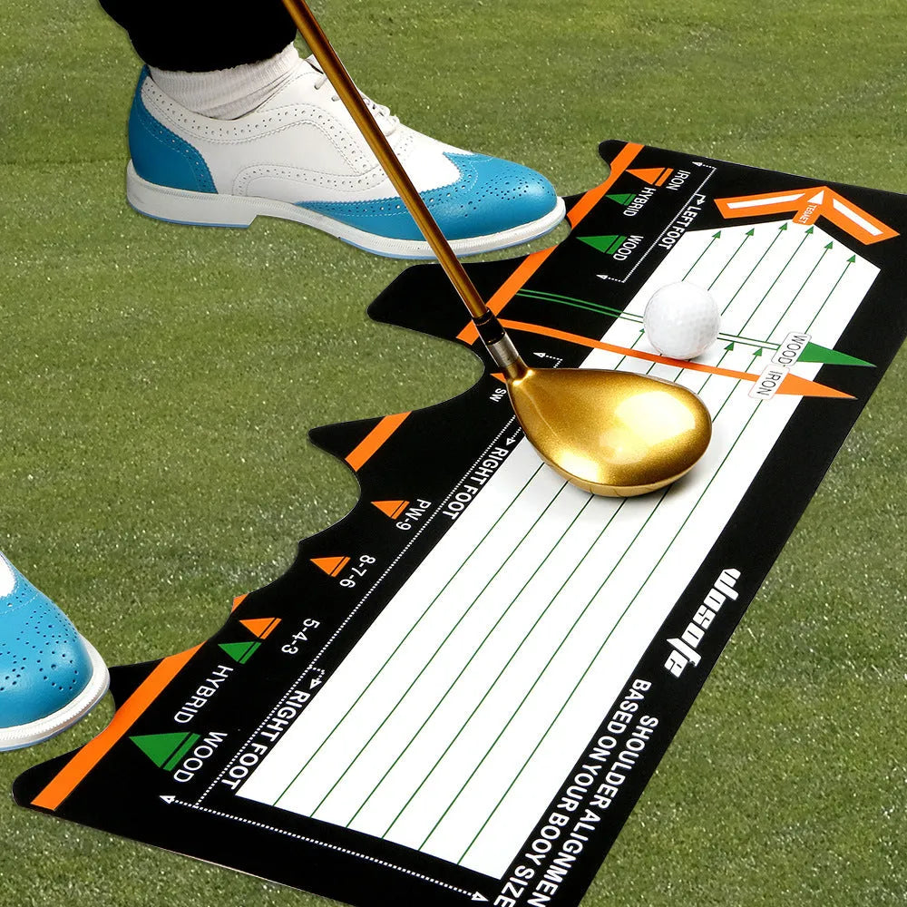 Black neoprene golf swing posture correction pad for stance alignment practice.