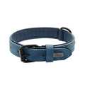 Adjustable dog collar in purple showing front PU material and back microfiber fabric, with a secure buckle closure.