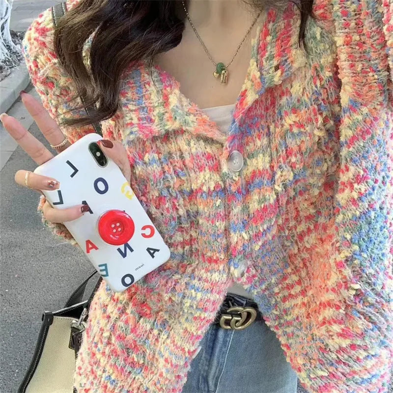 Acrylic retro rainbow sweater cardigan in slim fit free size available in pink or green colours