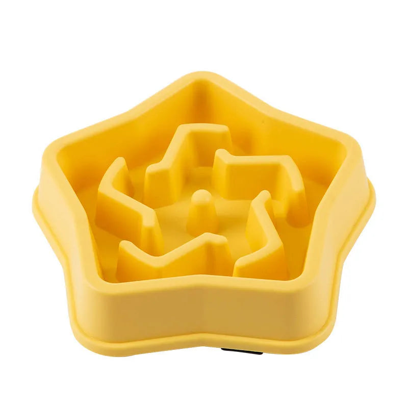 Yellow plastic dog slow feeder bowl with textured bottom pattern measuring 20.1cm diameter