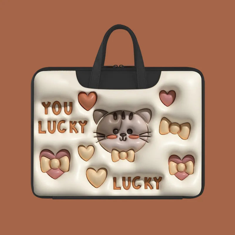 Inflatable PU leather laptop bag with hanging handle in panda pattern design for 15-inch laptops