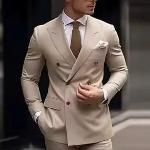 Men's grey Korean-style slim fit two-piece suit jacket and trousers on a hanger.