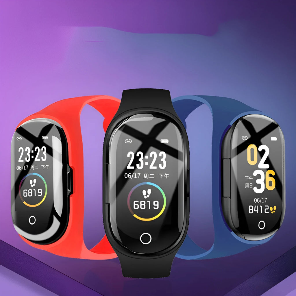 Smart bracelet earphone combination device with 1-inch screen on silicone wristband in black colour