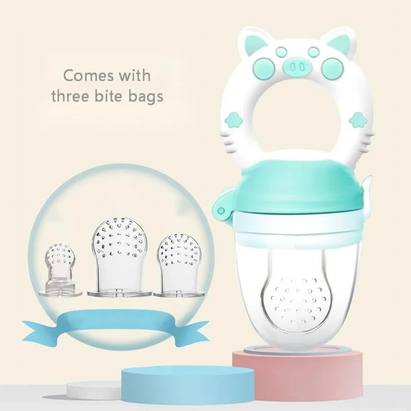 Silicone baby teether in blue, green or pink colour with single or triple mouthpiece options