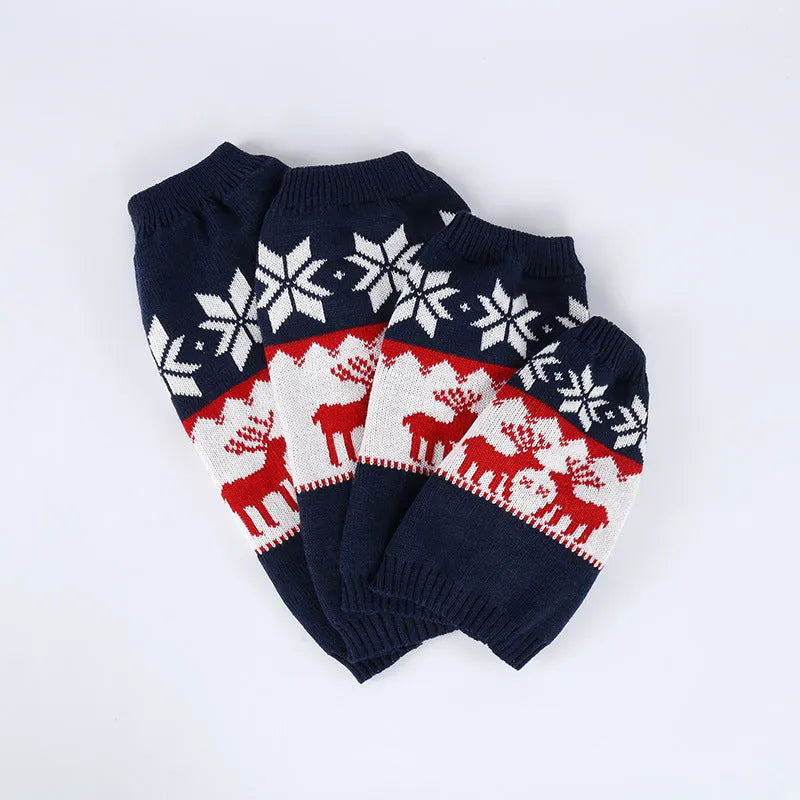 Navy blue Christmas dog sweater knitted from acrylic fabric, showing personalised holiday design for pet wear.