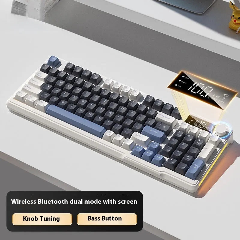Wireless Bluetooth keyboard and mouse combo with mechanical-style keys in blue and white colour scheme