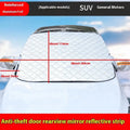 Large silver aluminium foil car windscreen cover for SUVs with five black magnets and reflective strips.