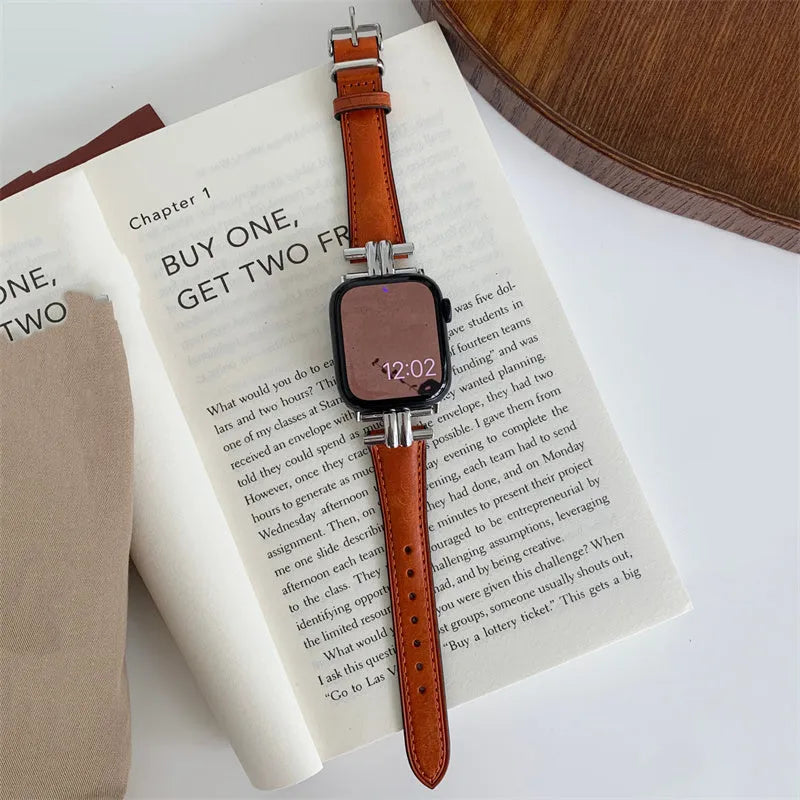Genuine leather watch strap with metal stitching for Apple Watch, available in multiple colours, fits 38mm to 49mm sizes