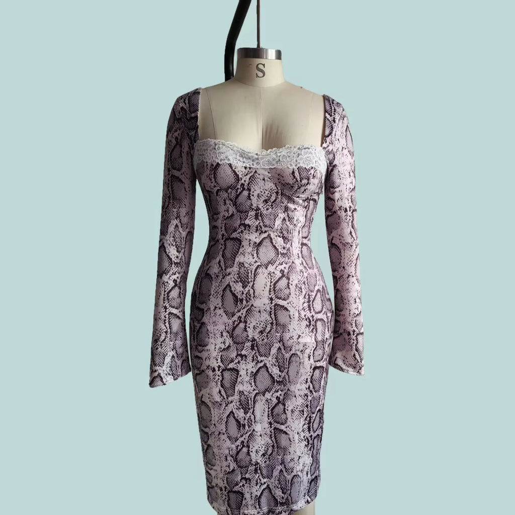 Grey digital printed lace dress with 3D pattern, long sleeves and A-line skirt