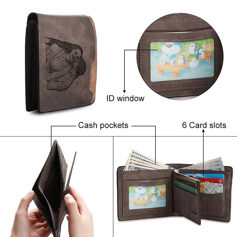 Coffee brown engraved horizontal short wallet showing personalisation and seven interior compartments