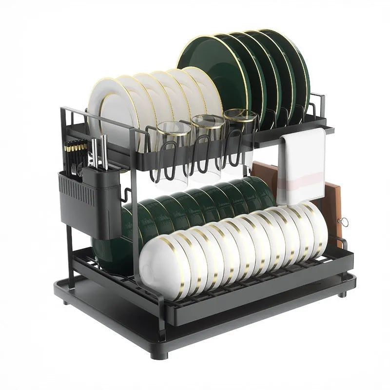 Double-layer kitchen storage rack with removable components in black or white finish