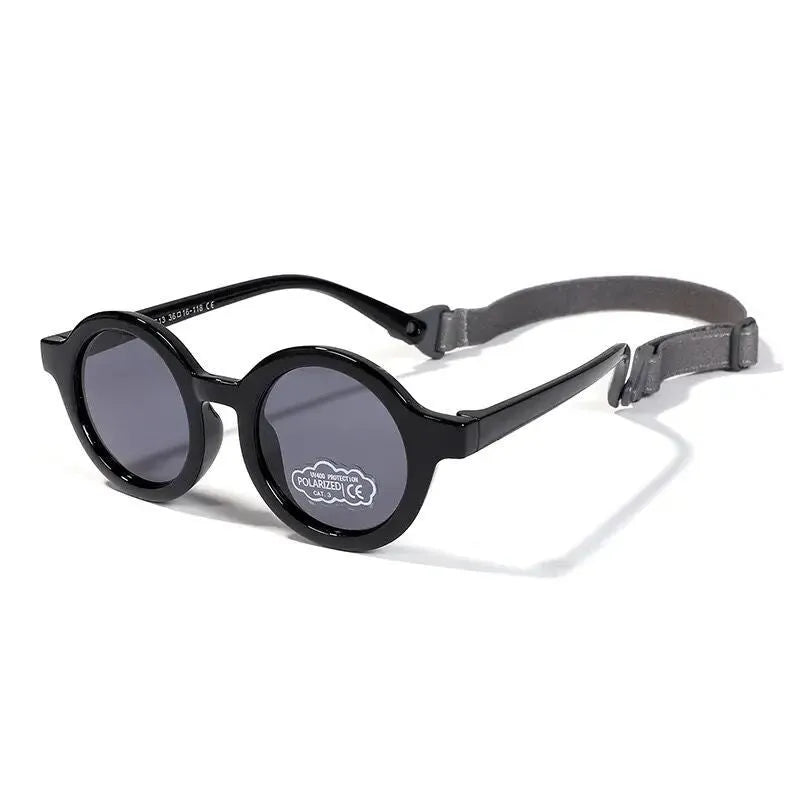 Children's silicone sunglasses with round frames for 0-3 year olds in multiple colour options showing UV400 and polarized protection