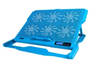 Metal mesh laptop cooling board with LCD display showing speed settings
