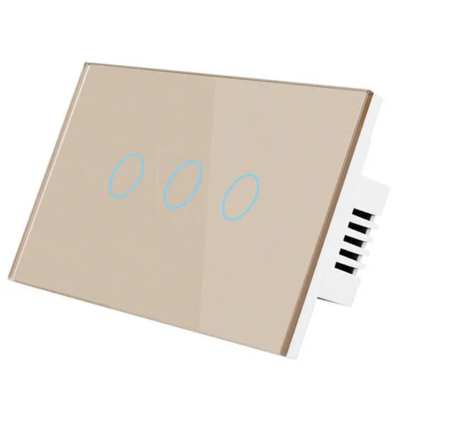 Modern 2-gang touch light switch with tempered glass panel in black, white, or gold.