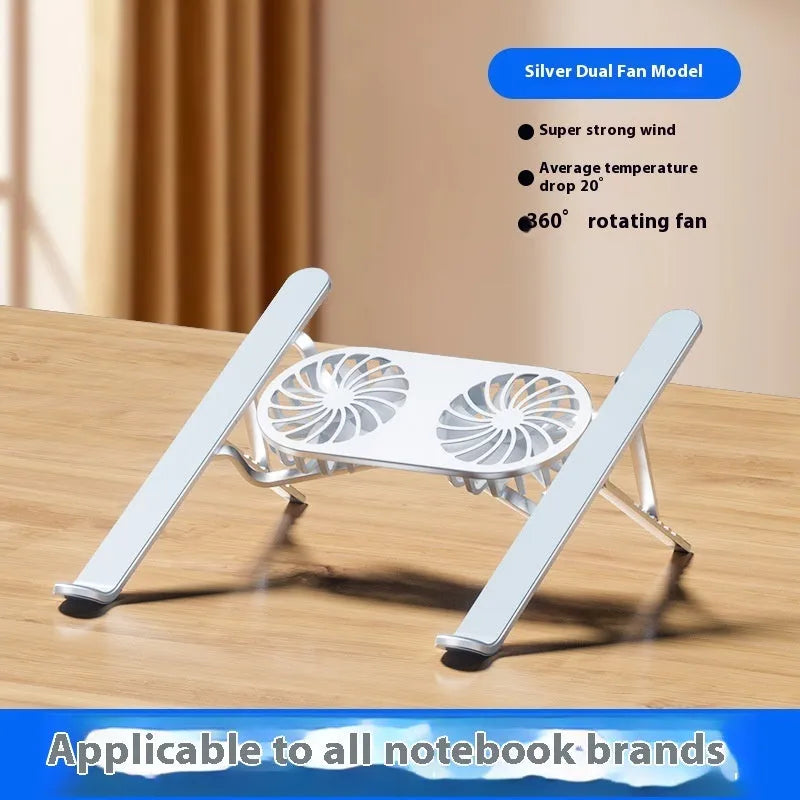 Silver aluminium laptop stand with dual cooling fans in folded position on desk